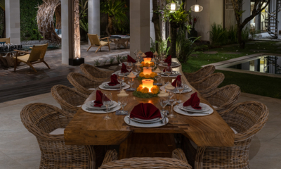 Abaca Villas Villa Nyoman Pool Side Dining Area at Night | Seminyak, Bali