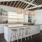 Beach House Kitchen with Wooden Floor and Hanging Lights | Nusa Lembongan, Bali