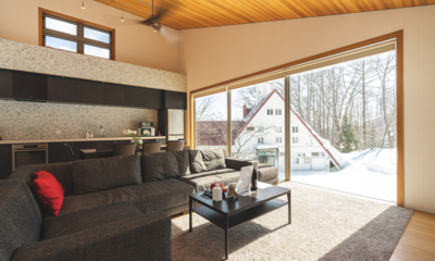 Solar Chalets Living Area with Snow View | Hakuba, Nagano