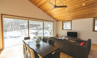 Solar Chalets Living and Dining Area with Snow View | Hakuba, Nagano