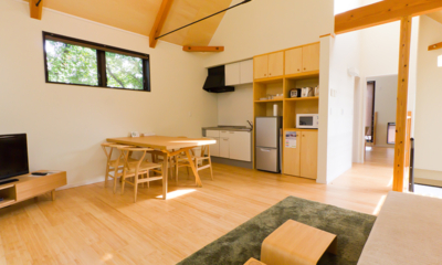 Gakuto Villas Living, Kitchen and Dining Area with TV | Hakuba, Nagano