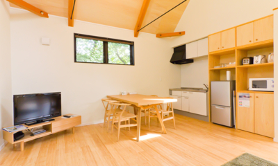 Gakuto Villas Kitchen and Dining Area with TV | Hakuba, Nagano
