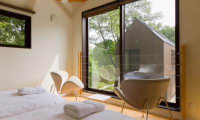 Gakuto Villas Bedroom with Twin Beds and View | Hakuba, Nagano