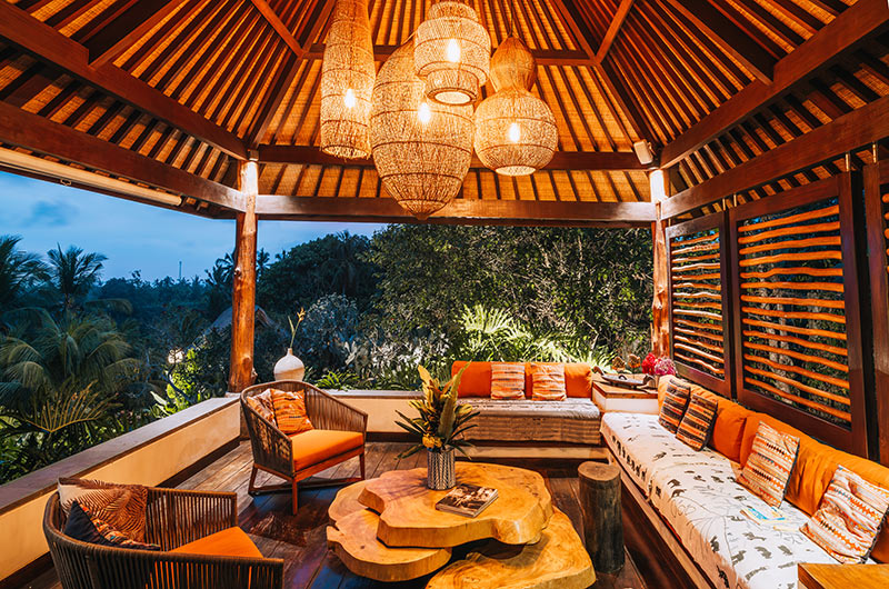 Villa Palem Open Plan Lounge Area at Night | Tabanan, Bali