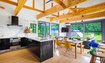 Mizuho Chalet Four Bedroom Indoor Living, Kitchen and Dining Area with View | Happo, Hakuba