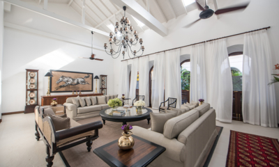 Lighthouse Street Living Area with High Ceiling and Chandelier | Galle, Sri Lanka