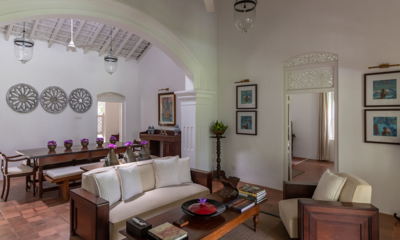 Rock Villa Two Bedroom Walauwwa Suite Living and Dining Area with Hanging Lights | Bentota, Sri Lanka