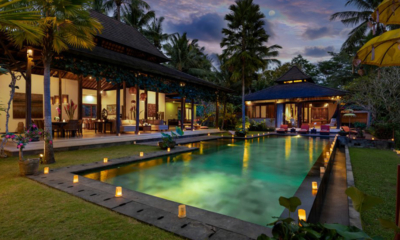 Villa Crystal Castle Pool Side Living Area at Night | Ubud, Bali