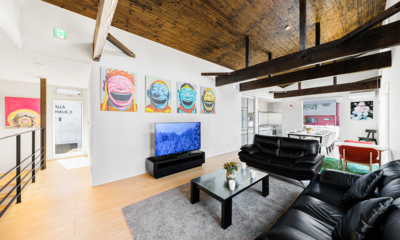 Villa Rochalie Indoor Living and Dining Area with TV | Hakuba, Nagano