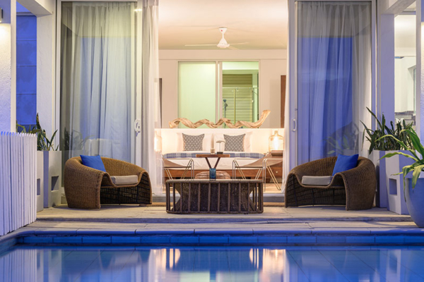 The Beach House Beach Suite Bedroom with Personal Pool at Night | Mirissa, Sri Lanka