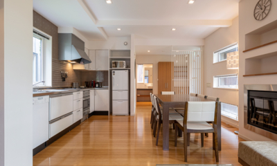 Fo Sho Sansou Indoor Kitchen and Dining Area with Wooden Floor | Hirafu, Niseko
