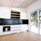 Blue River Chalets Kitchen with Snow View | Hakuba, Nagano