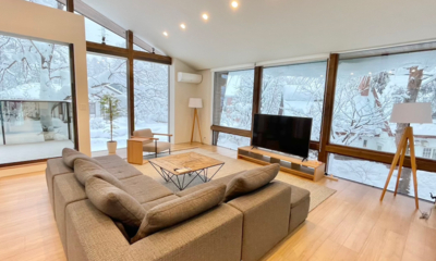Ahiru Chalet Living Area with Snow View | Echoland, Hakuba