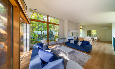 Sanzan Chalet Living, Kitchen and Dining Area with View | Echoland, Hakuba