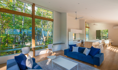 Sanzan Chalet Living, Kitchen and Dining Area with Outdoor View | Echoland, Hakuba