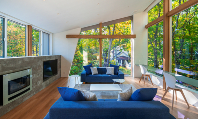 Sanzan Chalet Living Area with Outdoor View | Echoland, Hakuba