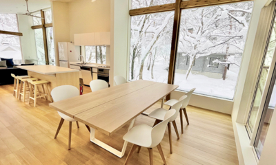Sanzan Chalet Living, Kitchen and Dining Area with Snow View | Echoland, Hakuba