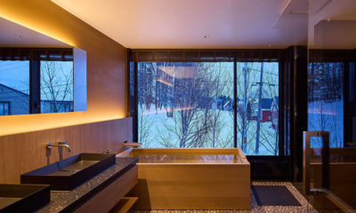 Shiyuki Bathroom Four with Bathtub and Snow View at Night | Furano, Hokkaido