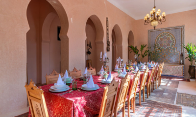 Palais Hassoun Dining Table with Crockery and Hanging Lamp | Marrakesh, Morocco