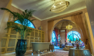 Palais Hassoun Suite Loft Sunset Bedroom and Bathroom Two with Lights | Marrakesh, Morocco