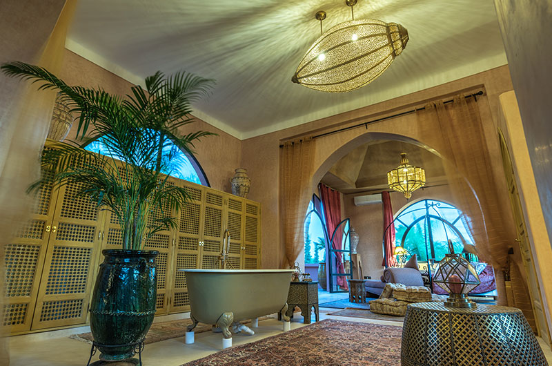Palais Hassoun Suite Loft Sunset Bedroom and Bathroom Two with Lights | Marrakesh, Morocco