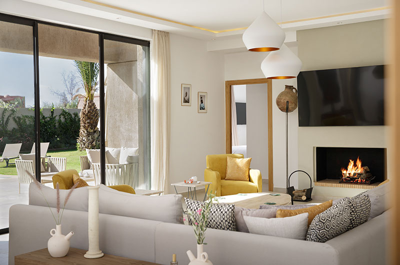 Villa Pepe Living Area with Fireplace | Marrakesh, Morocco
