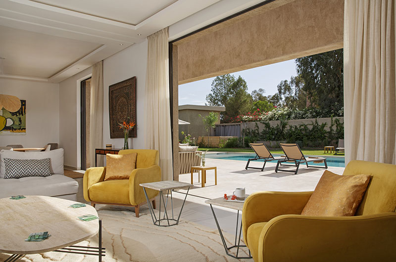 Villa Pepe Living Area with Pool View | Marrakesh, Morocco