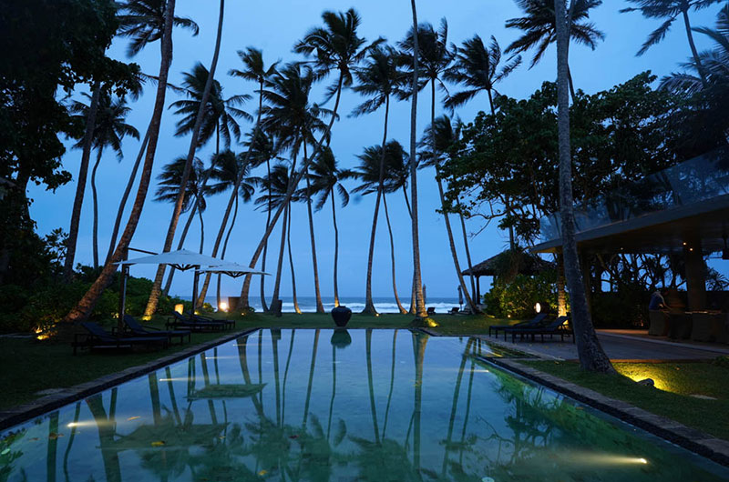 Victoria Villa Gardens and Pool at Night with Sea View | Talpe, Sri Lanka