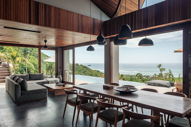 Tampah Hills Villa Nabu Living and Dining Area with Sea View | Selong Belanak, Lombok